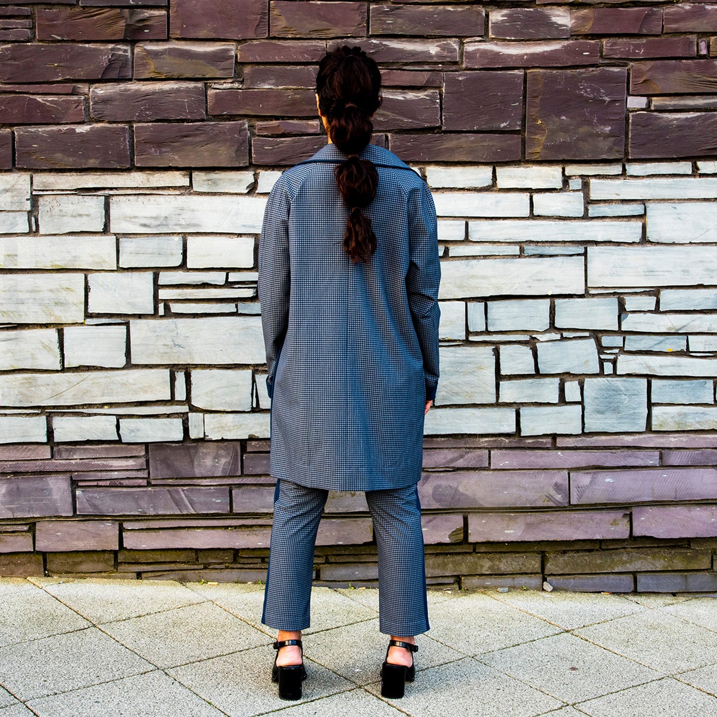 Navy blue contrast check jacket casual relaxed fit