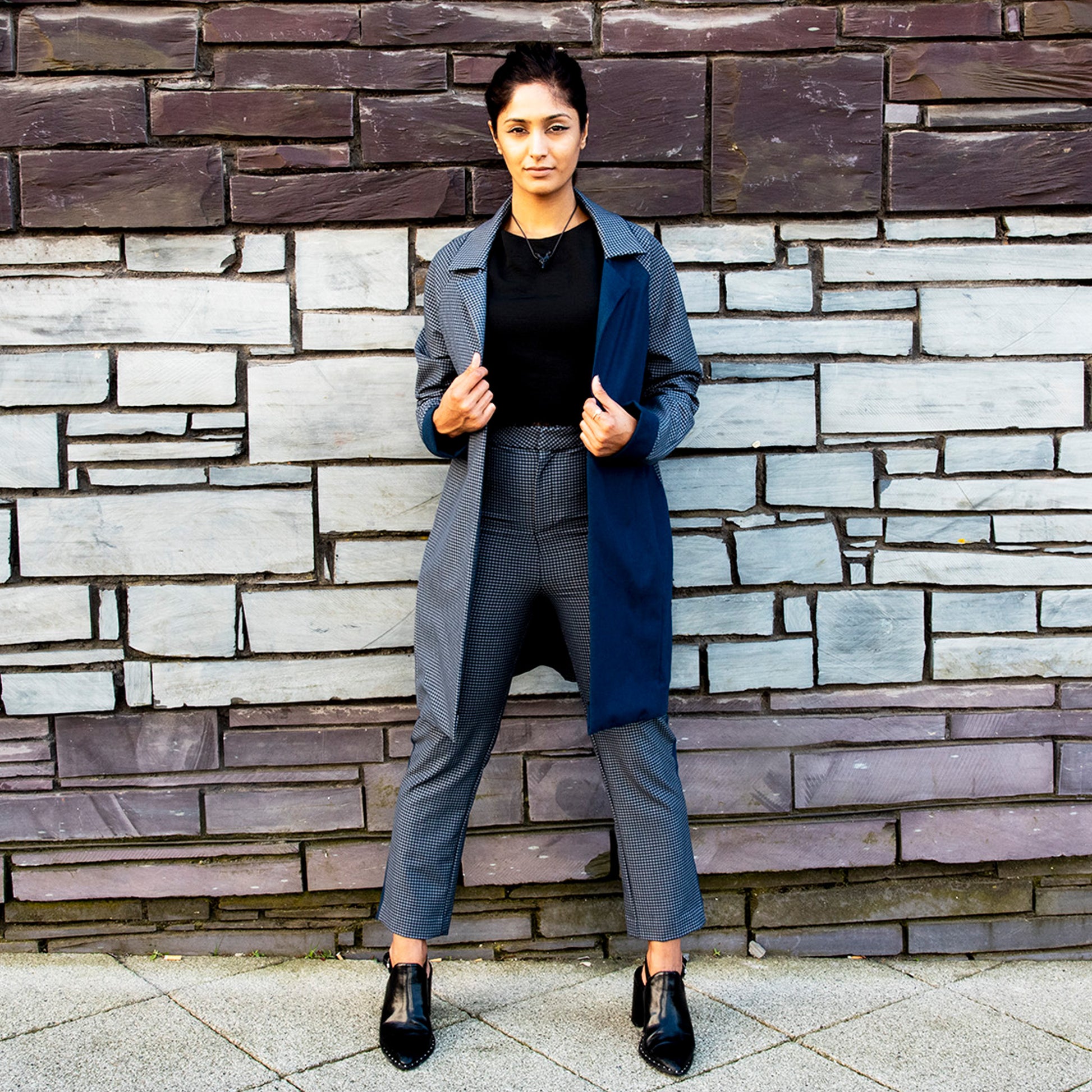 Navy blue contrast check jacket casual relaxed fit