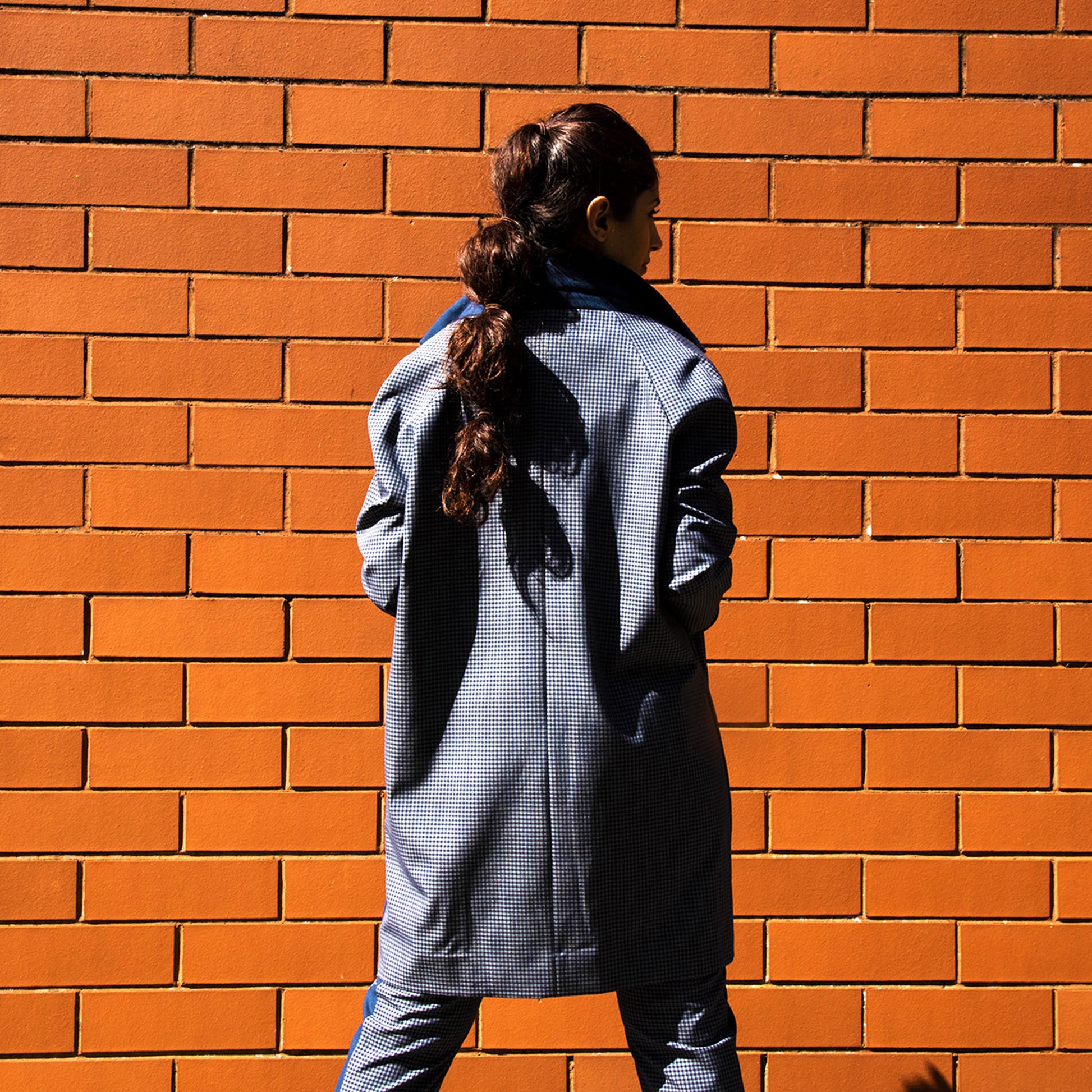 Navy blue contrast check jacket casual relaxed fit